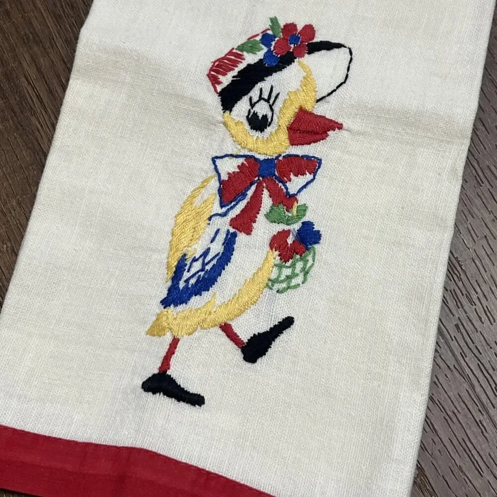 Vintage Hand Embroidered Anthropomorphic Chick Dish Tea Towel Red Linen Kitsch